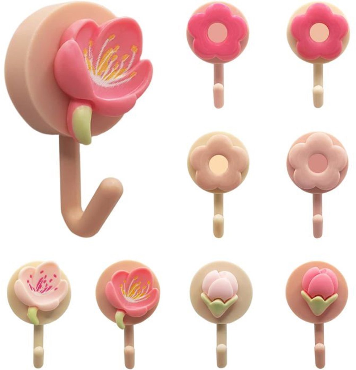 Een set van 8 roze zelfklevende plastic muurhaken met een bloemenpatroon, Geschikt voor het ophangen van lichte Geschikt voorwerpen – kleine decoratieve haken Geschikt voor in huis.