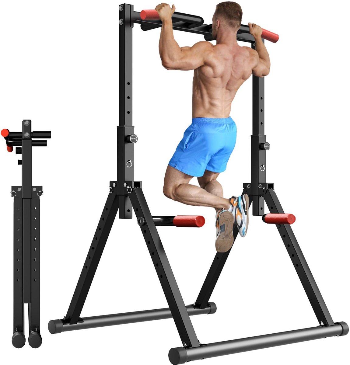 SnelShoppen - Opvouwbare Power Tower Pull Up Bar Dip Station - Verstelbare Hoogte - Multifunctionele Krachttraining Machine voor Home Gym - Zwart - Id
