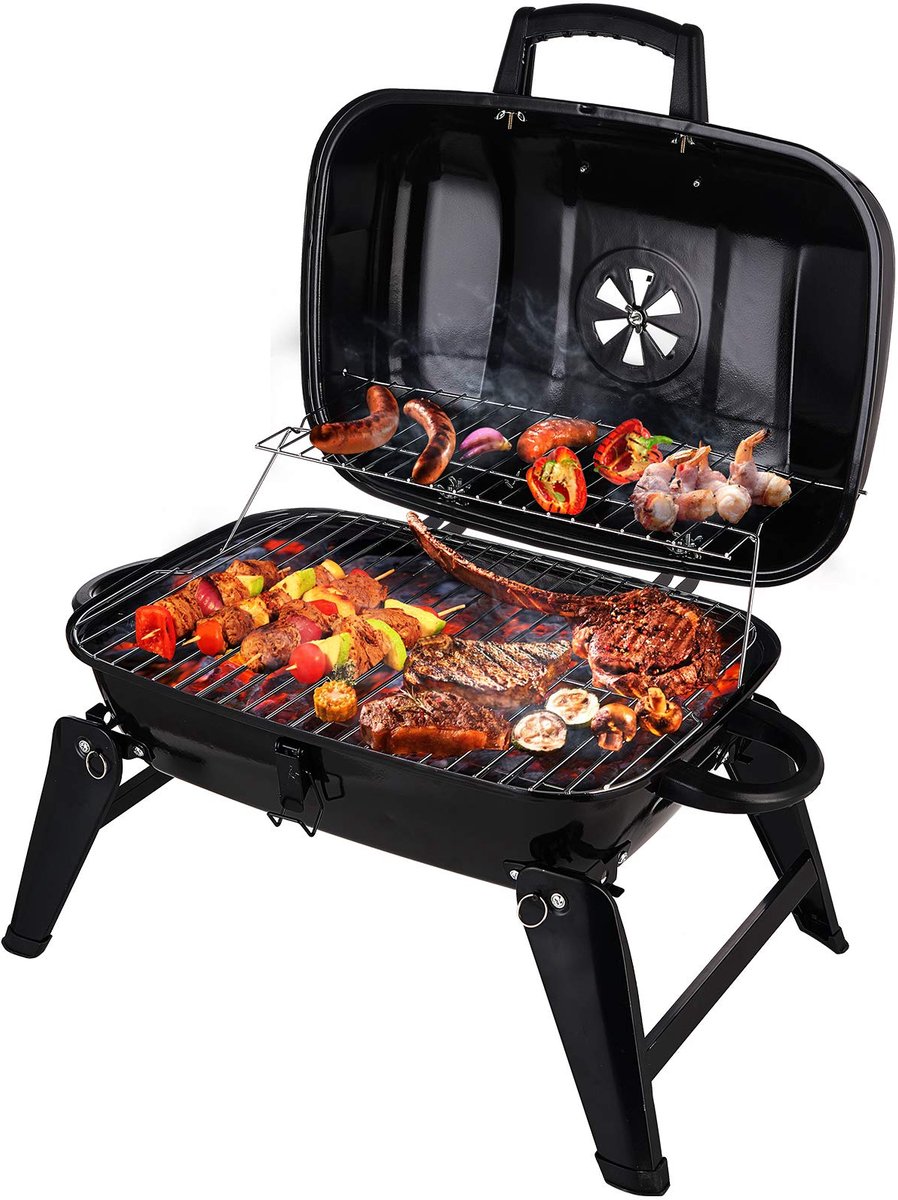 SnelShoppen - Houtskoolbarbecue Draagbare Grill en Roker met Deksel - Opvouwbare Tafelgrill 45 cm - Zwart - Ideaal voor Camping, Terras, Achtertuin en