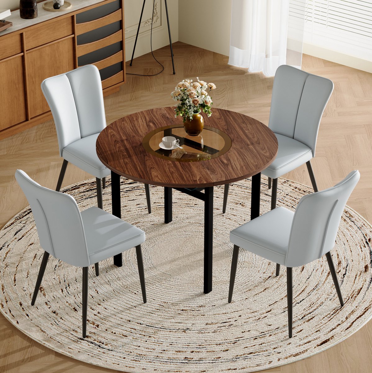 MEUNIQ ronde eettafelset 100 cm met 4 stoelen, houten tafelblad met glasinleg, zwarte metalen poten, voor eetkamer en keuken Brown+Black,Light Gray