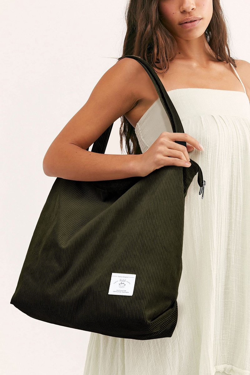 SnelShoppen - Dikkere Corduroy Draagtas Groen, Extra Grote Capaciteit Handtas, Schoudertas met Rits voor Dames en Meisjes, Boodschappentas voor Werk,