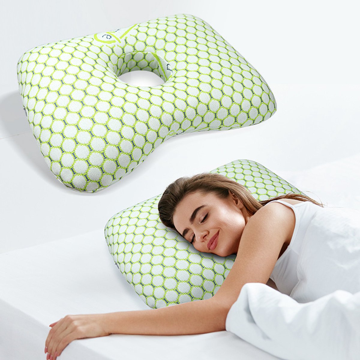 Ovaal gezichtskussen met ooruitsparing, dubbellaags groen honingraat patroon, afmetingen 39×28×6 cm, drukverlagend hoofdkussen voor slapen en schoonheidsbehandelingen