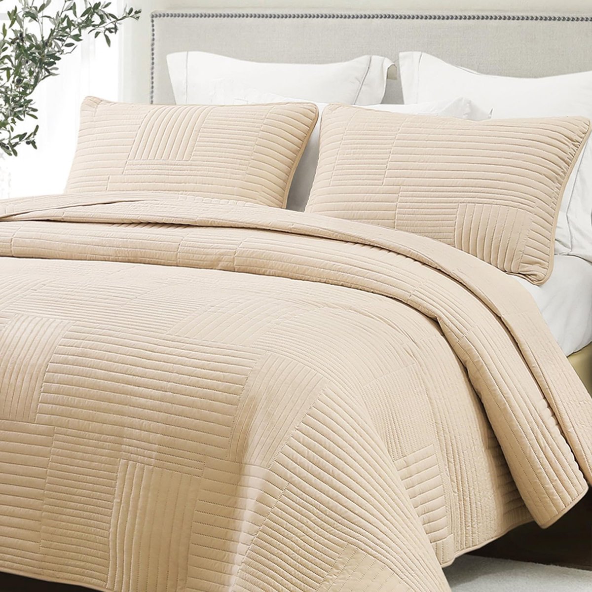 SnelShoppen - Whale Flotilla bedsprei 240x260 cm - Zachte microvezel sprei met kussenslopen - Beige strepenpatroon voor alle seizoenen - Perfect voor
