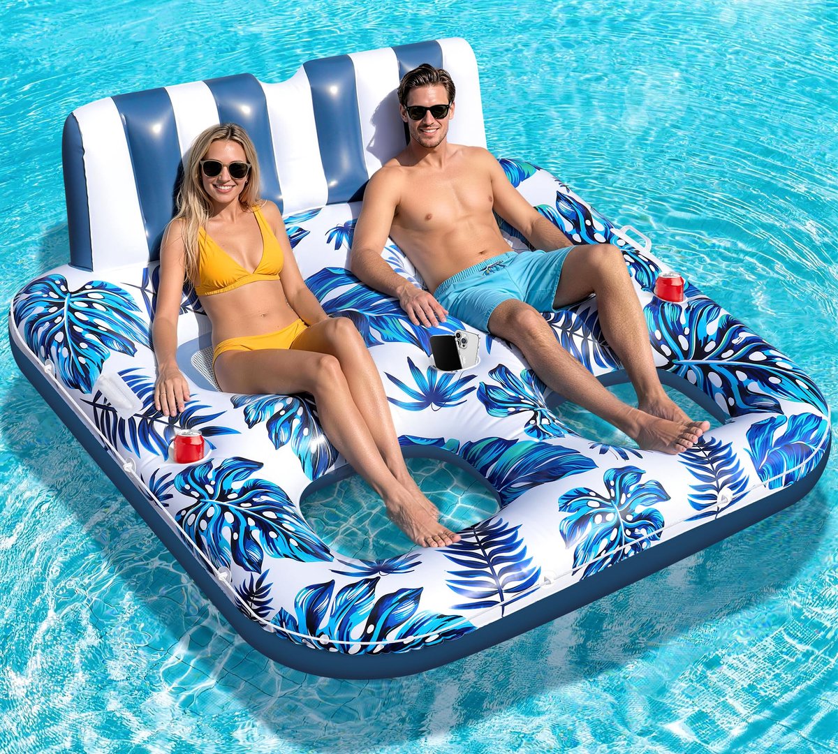 SnelShoppen - LuxBlue opblaasbare zwemstoel voor 2 personen met bekerhouder, handgreep, groot zwemkussen voor zwembad, ideaal voor volwassenen, zomer,