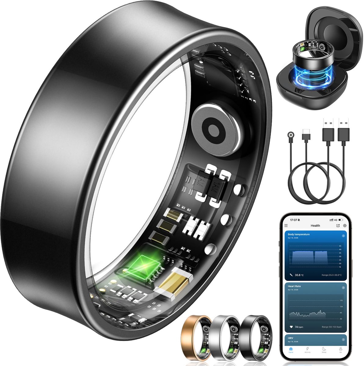 SnelShoppen - Smartring voor Heren en Dames - Smart Ring met Gebarenbediening, Hartslag, SpO2, Slaapmonitor, 170+ Sportmodi, 5 ATM Waterdicht, Stappen