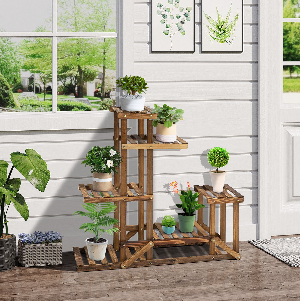 HAUSS SPOLE Plantenrek – 6 Niveaus – 95 x 28 x 96,5 cm – Hout – Verbrand Oranje – Voor Binnen En Buiten – Ruimtebesparend