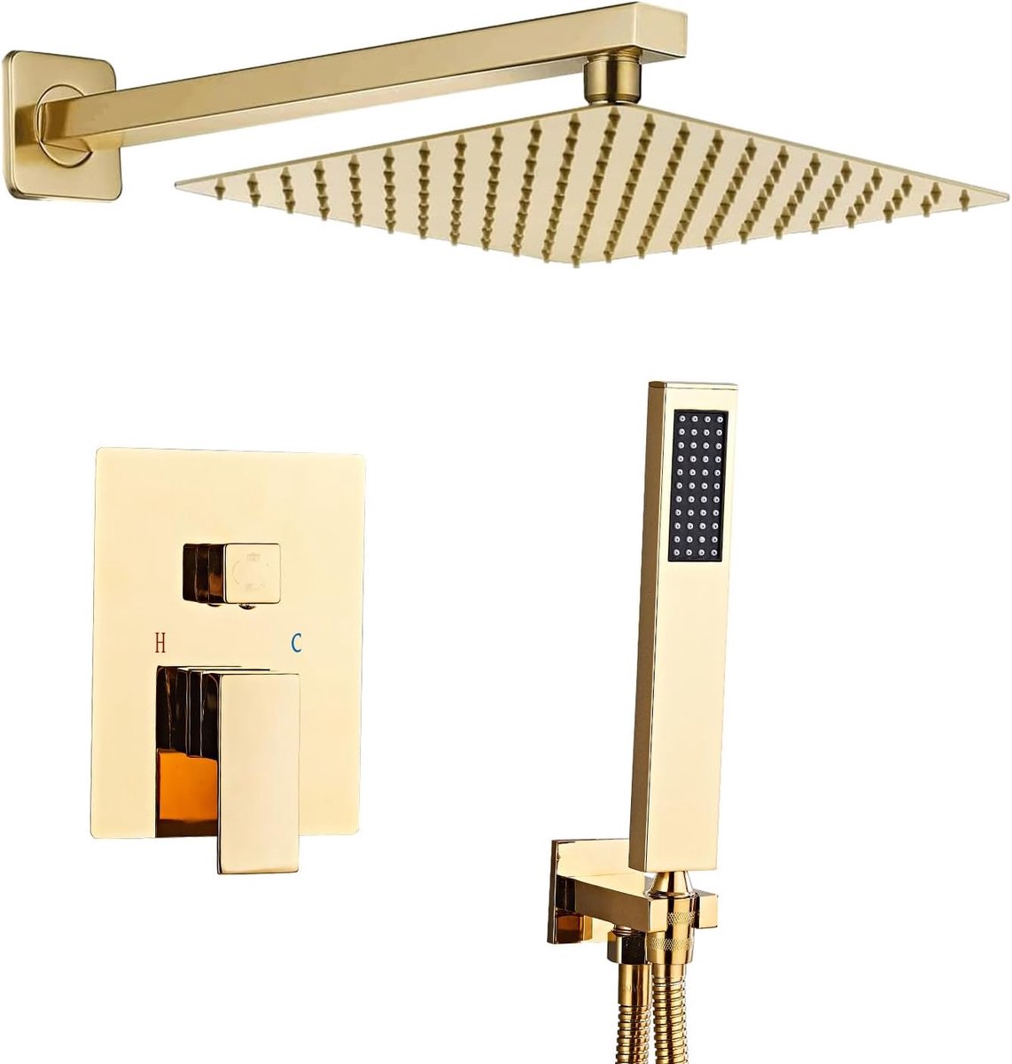 SnelShoppen - Recessed Shower Set Polished Gold | Vierkante 25x25cm Regen Douche met 1.5m Slang, Eenvoudig te Reinigen Silicone Nozzels, Geen Wandbesc