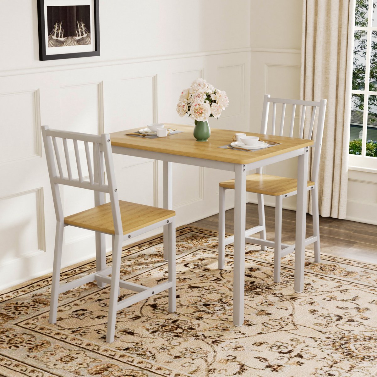 MEUNIQ industriële eetset met tafel 90 x 60 x 75,5 cm en 2 stoelen, houtkleurig tafelblad