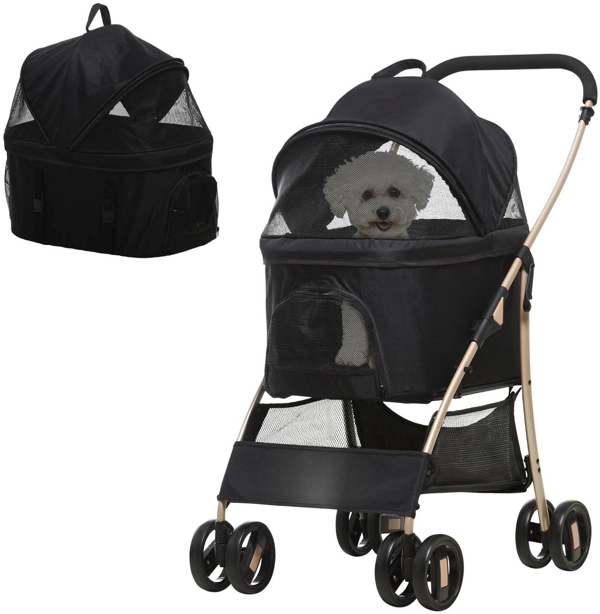 2-in-1 Hondenbuggy & Draagtas – Opvouwbare Hondenwagen met Kussen – Zwart