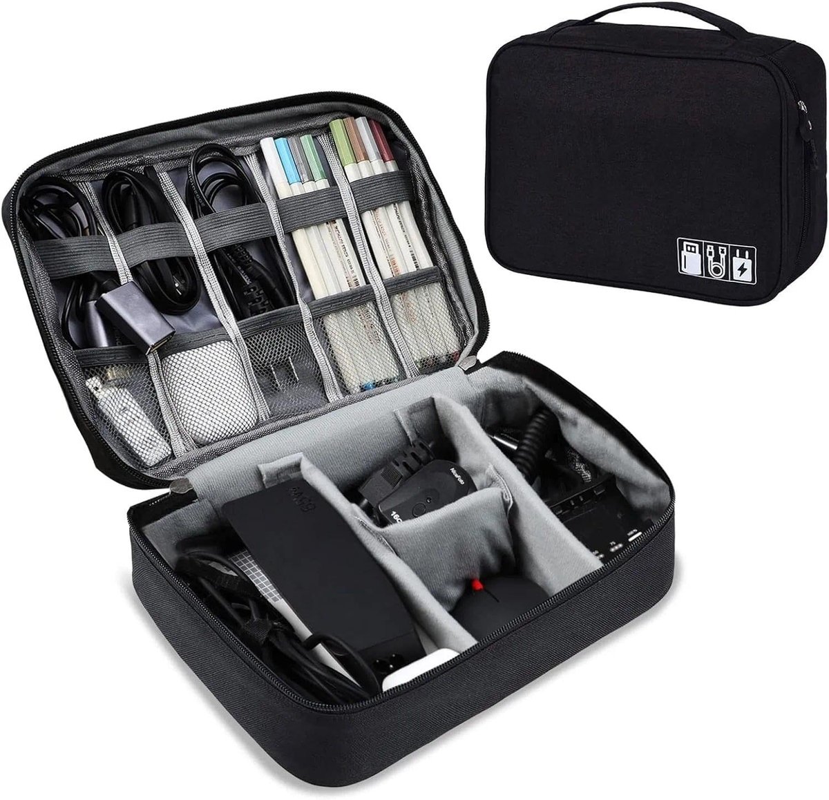 Universele reiskabelorganizer, waterdichte 2-laags kabeltas voor mobiele telefoon, oplaadkabels en accessoires, XL formaat met verstelbare vakken