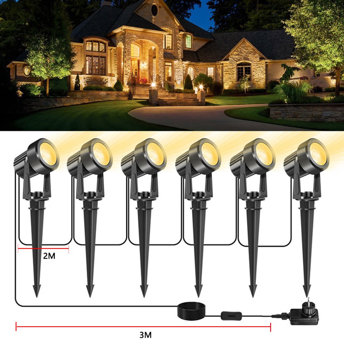 LED-buitenspots, laagspannings-tuinverlichting (IP65-waterdicht) met EU stekker, 3000K warmwitte spots voor o.a. tuin, vlaggenmast, huis en bomen - 6-in-1