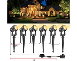 Merkloos LED-buitenspots, laagspannings-tuinverlichting (IP65-waterdicht) met EU stekker, 3000K warmwitte spots voor o.a. tuin, vlaggenmast, huis en bomen - 6-in-1