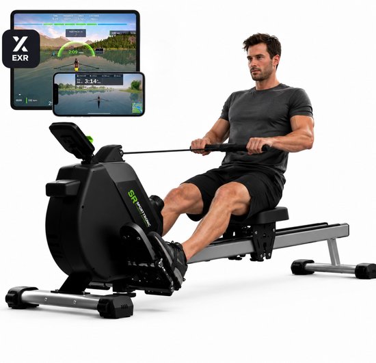 Man op een zwarte roeimachine met de tekst 'SR SPORTTRONIC'. Op de achtergrond tablet en smartphone met trainingsweergave.