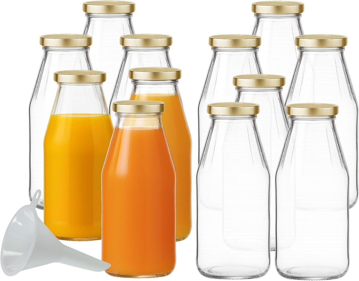 SnelShoppen - 12x Glazen Fles 500ml met Goudkleurige Schroefdop en Trechter - Decoratieve Flessen voor Zelfgemaakte Producten, Gastgeschenken, Keuken,