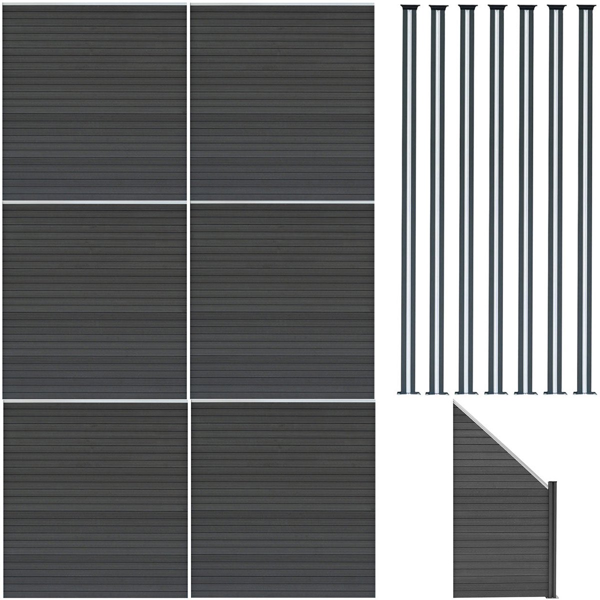 Composiet schutting panelen set - grijs - 185x1138cm - met led palen