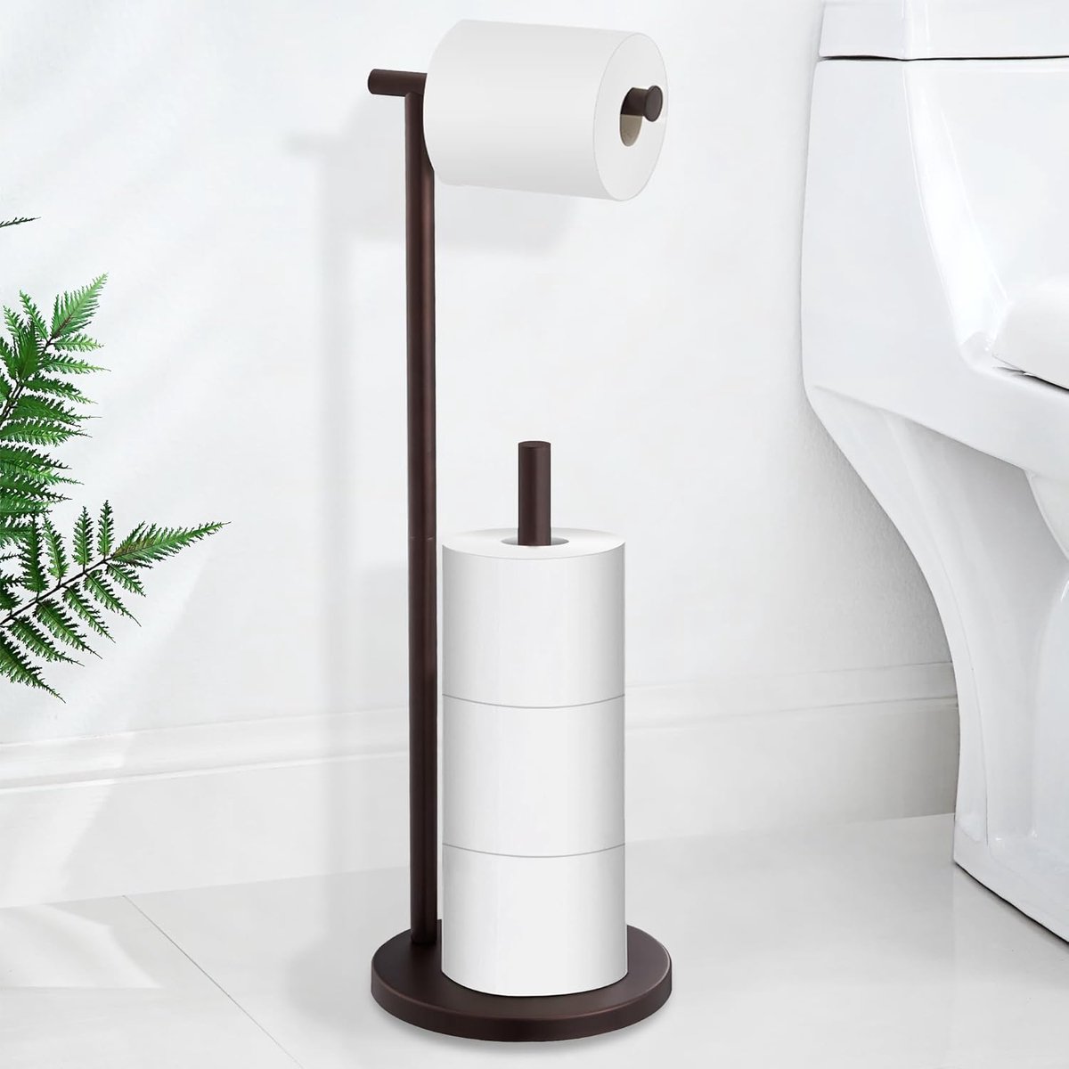 SnelShoppen - Vrijstaande Toiletrolhouder Stand Olie Gewreven Brons met Opslag voor Jumbo Mega Toiletrollen - Stijlvolle Badkameraccessoires voor Thui