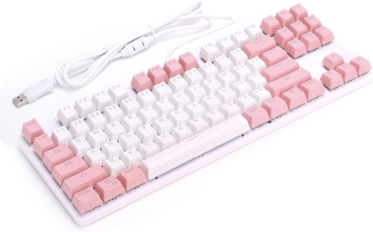 SnelShoppen - Bedraad USB Gaming Toetsenbord met Multimediaknoppen - Mechanisch Toetsenbord in Wit en Roze - Perfect voor Desktop en Notebook Gaming
