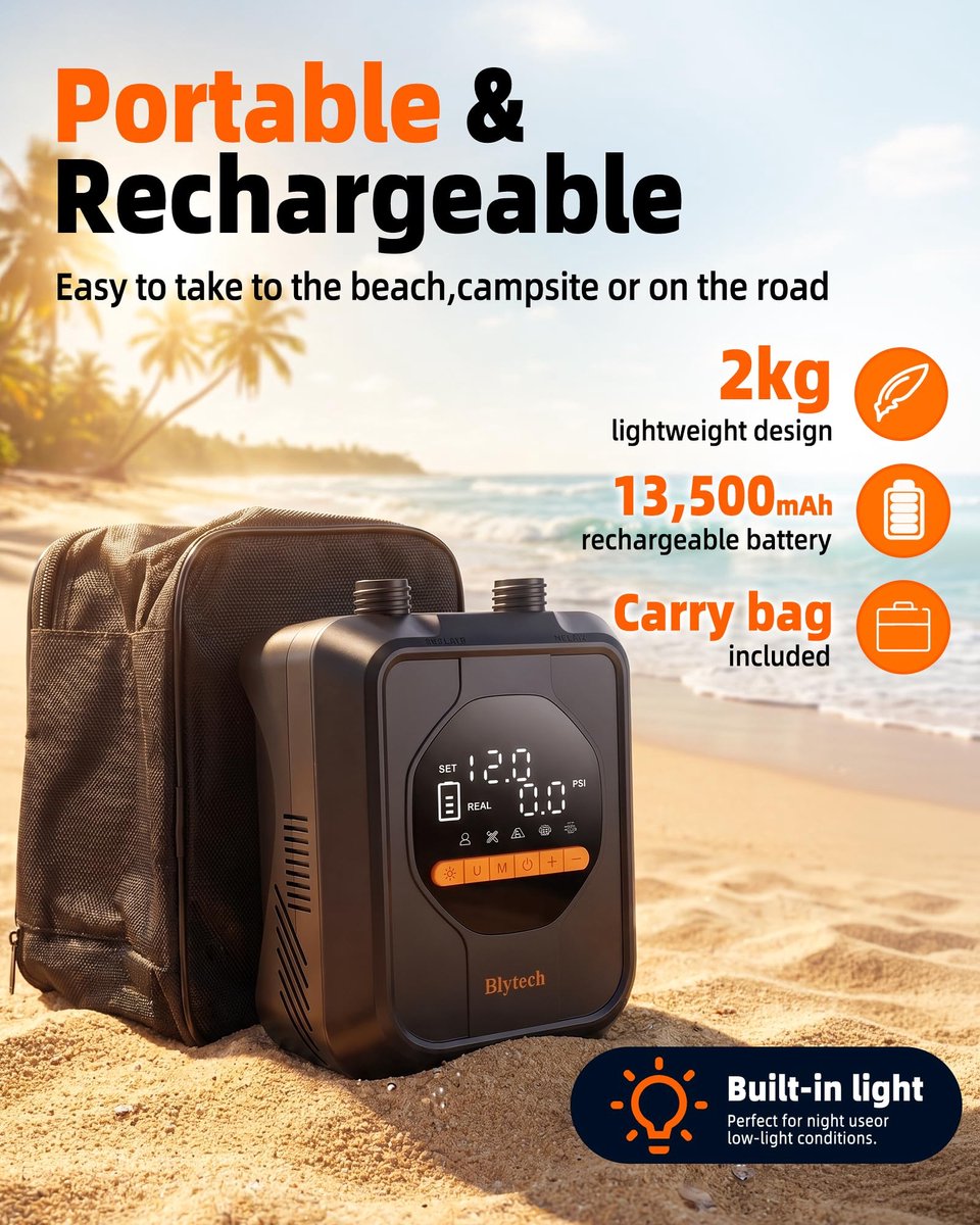 SnelShoppen - Elektrische Paddleboardpomp 20 PSI - Oplaadbare 13500 mAh Luchtpomp met 12V DC Back-up, Automatische Uitschakeling, 7 Mondstukken, Ideaa