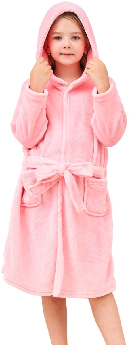 SnelShoppen - Meisjes Zachte Fleece Badjas met Capuchon - Nachtkleding voor Kinderen - Roze - Maat 12-13 Jaar - Perfect voor Thuis of Slapen