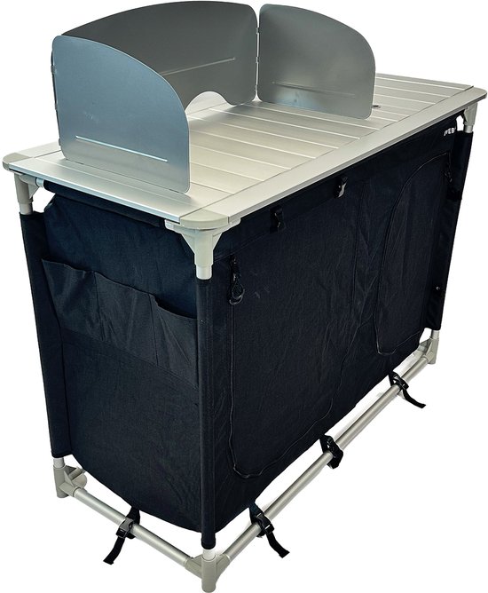 EveBase Silver - Campingkeuken/Campingkast met Windscherm/Wasbak - Ruim Werkblad - Zwart/Zilver — afbeelding 4