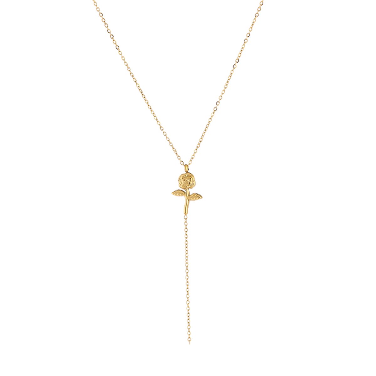 Elegante Dames Y-Ketting - Verfijnde Schakelketting met Gedetailleerde Roos Bedel - Goud