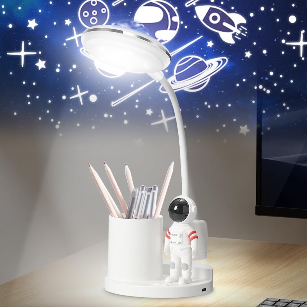 Bureaulamp voor kinderen, led, astronaut, draagbare tafellamp met penhouder, sterrenhemel projector, nachtlampje, projector, bureaulamp, dimbaar, oplaadbaar (1) [Energieklasse A+]