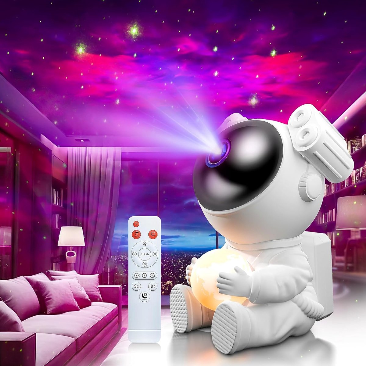 Astronaut Sterrenhemelprojector met Maanlamp, LED Nachtlampje met Timer en Afstandsbediening, Sfeerverlichting voor Slaapkamer, Kerst- en Verjaardagscadeau [Energieklasse E ]