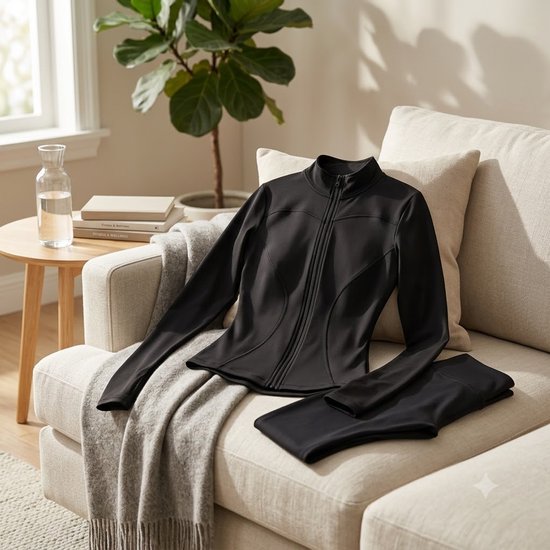 Zwarte sport jas dames slim fit volledige rits fitness jas yoga jas pilates trui hardloop jas met duim gaten hoge kraag aansluitend model lange mouwen euro maat M — afbeelding 3