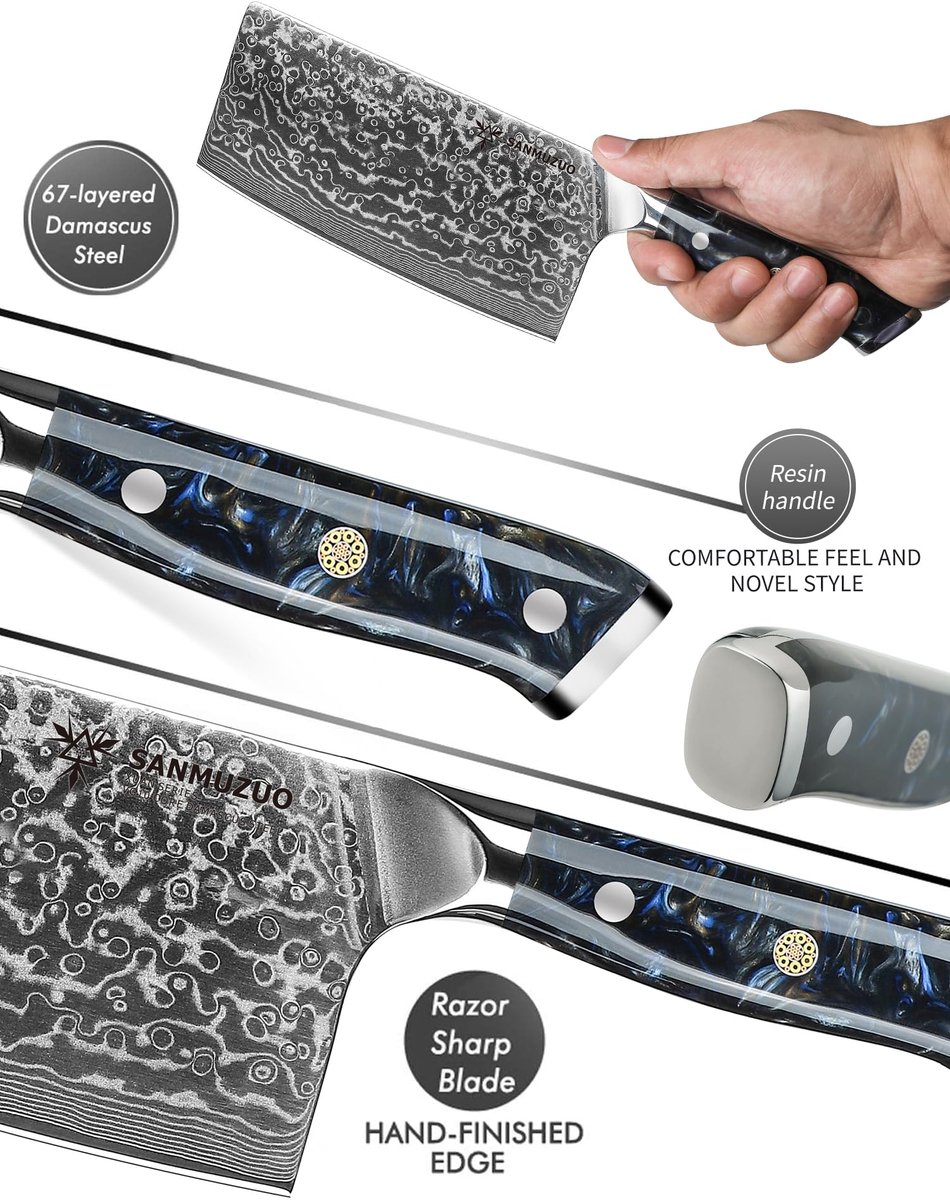 SnelShoppen - Professioneel Chinese Koksmessen Damastmes 18 cm, Scherp Keukenmes 67 Lagen Japans Damaststaal VG10 met Hars Handvat - Xuan Serie Sterre