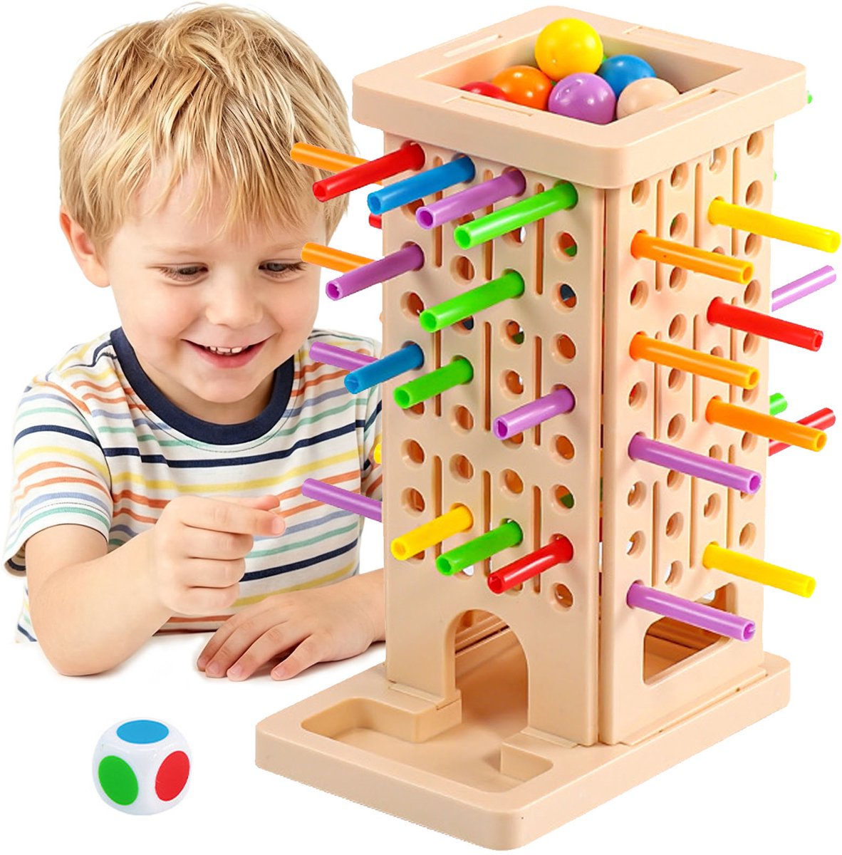 Montessori Speelgoed voor Kinderen 3-6 Jaar – Houten Bordspel met 36 Gekleurde Stokjes, Dobbelsteen & Houten Opbergdoos – Ontwikkelt Fijne Motoriek en Hand-Oogcoördinatie