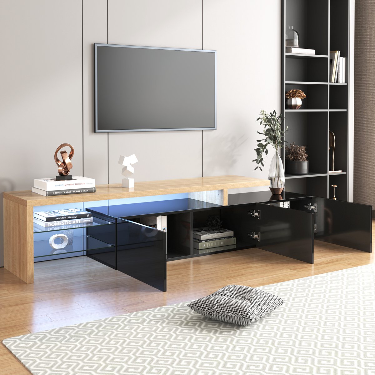 Moderne tv meubel - stijlvol en elegant - praktisch opbergbaar - houtnerf - glazen planken - LED-verlichting - zwart