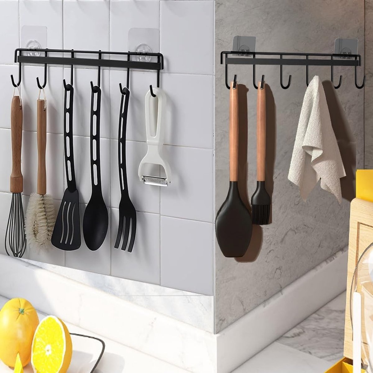 Hanging Rail voor Keukenaccessoires, 2 Stuks Haak Trim, Geen Boren, Organizer met 6 Haken voor Keuken en Badkamer, Keuken Gereedschap Houder