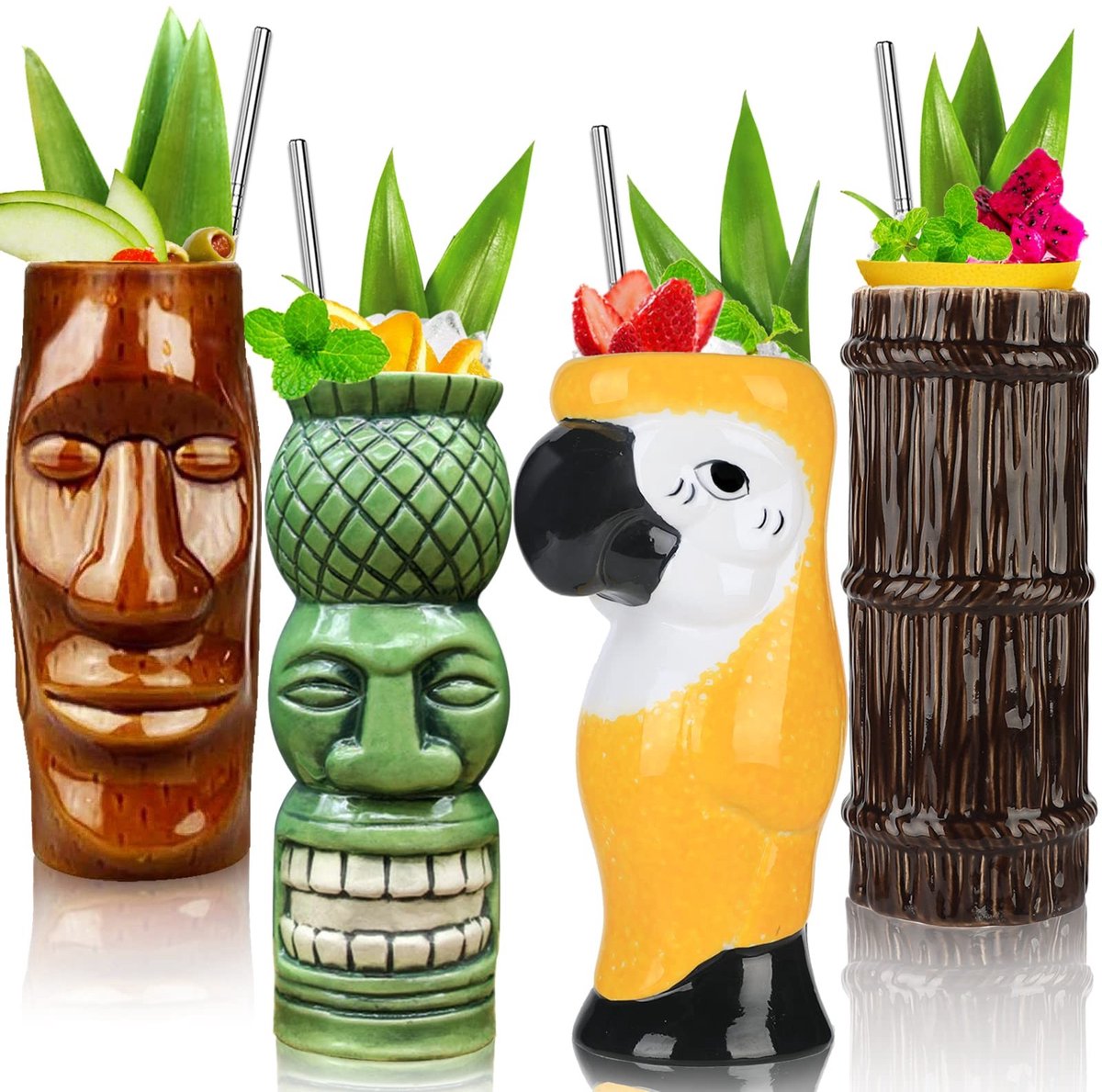 Set van 4 Tiki Mokken - Keramische Tropische Bekers voor Cocktails