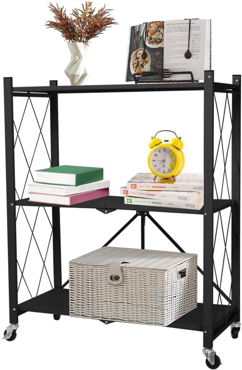 Multifunctionele Vouwbare Metalen Plank met Wielen, Vrije Installatie, Staande Opbergplank voor Keuken, Badkamer, Slaapkamer en Woonkamer, 70 x 34 x 87 cm, Zwart, Ruimtebesparend en Stevig