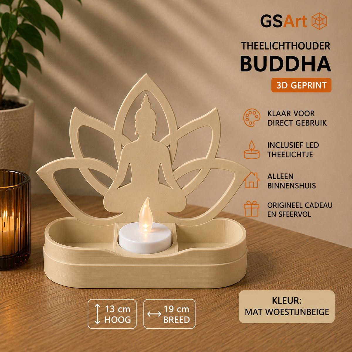 GSArt Theelichthouder Buddha 19cm – Lotus – Inclusief LED Theelichtje - Mat Woestijnbeige