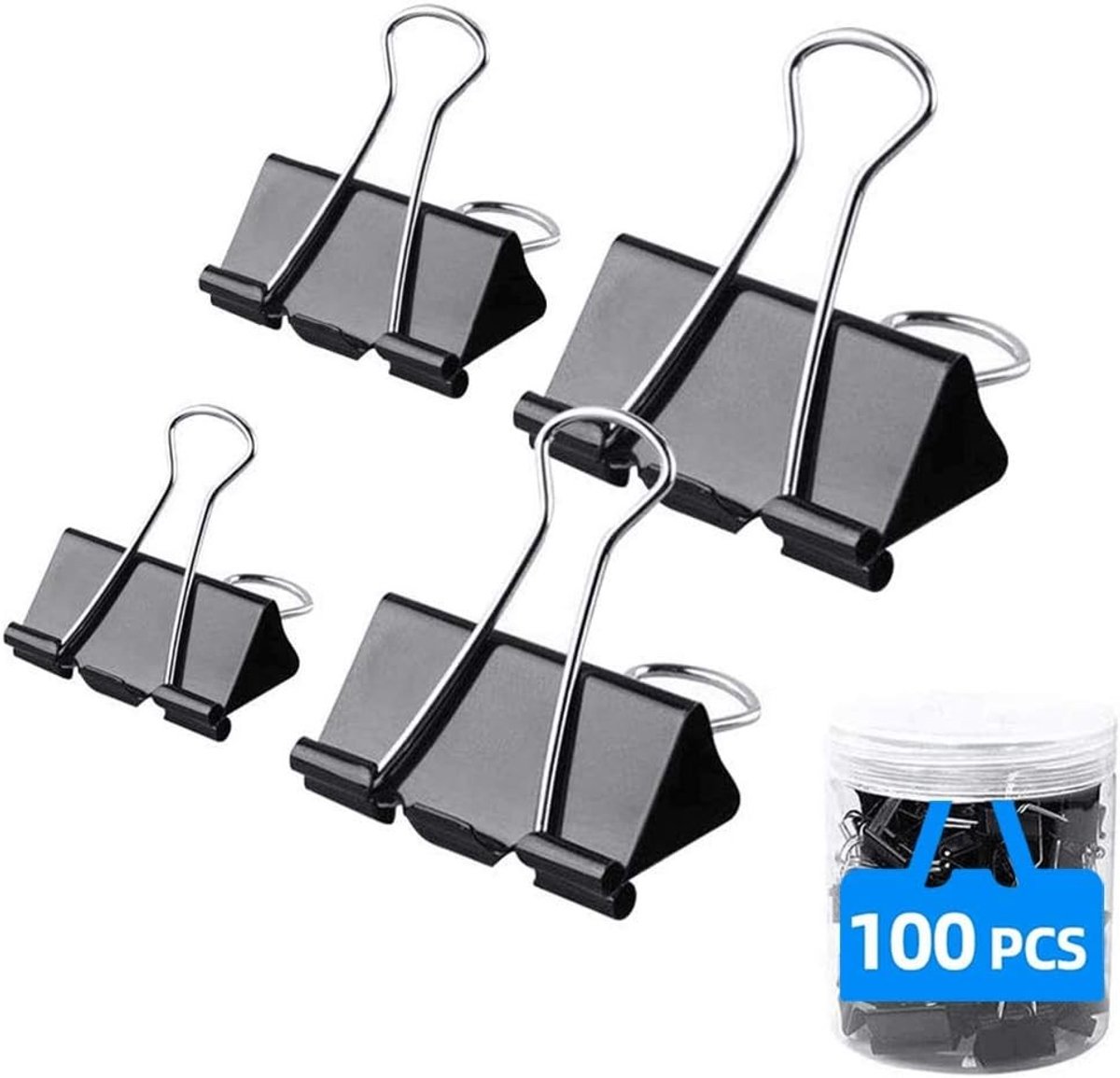 Diverse Bulldog Clips in 15mm, 19mm, 25mm en 32mm - 100 Stuks Met Opbergtas, Perfecte Kantoorbenodigdheden, Papier Klemmen en Mini Vouwclips voor Documenten en Plastic Zakjes