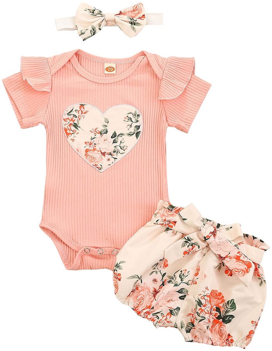 Baby Outfits Set - Korte Mouwen Romper met Bloemenschorts en Hoofdband - Roze