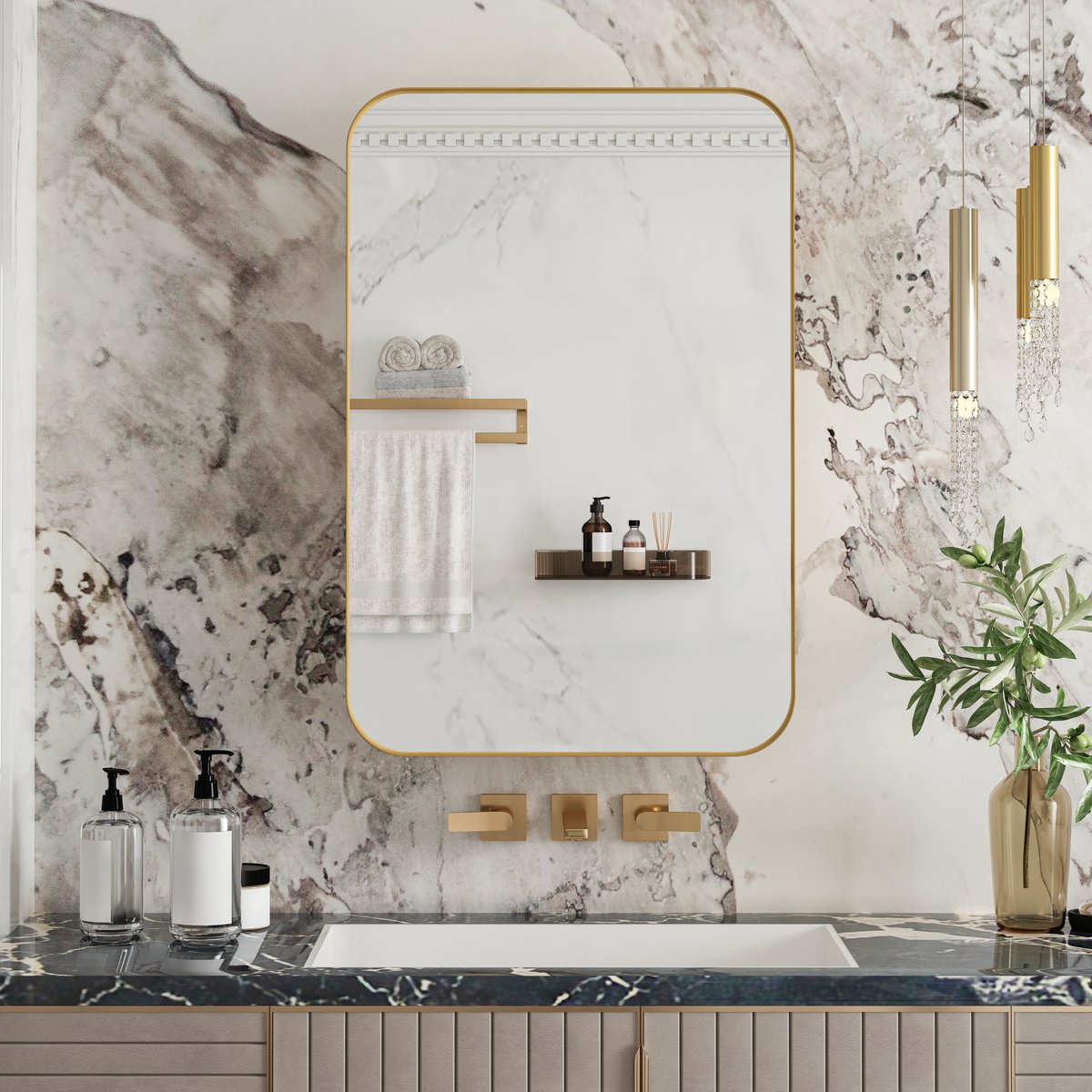 Rechthoekige inbouwspiegelkast - wandmontage - verstelbare schappen - opbergruimte - goudkleurig metalen frame - voor badkamer, woonkamer en slaapkamer