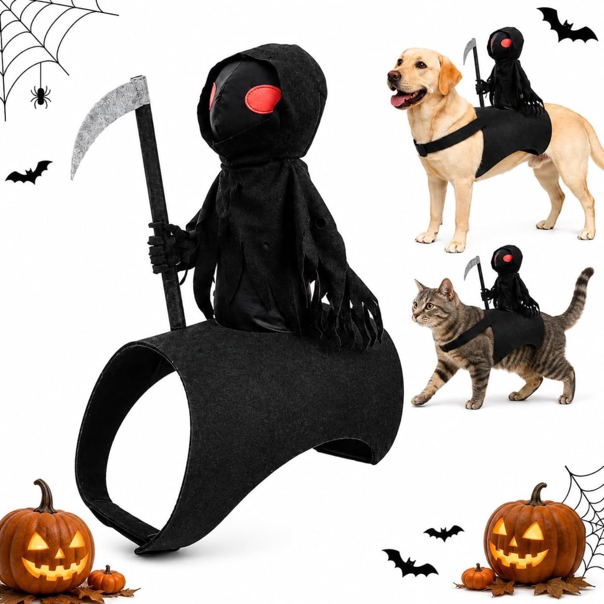 Namajunas - 3D Magere Hein Rijdend Kostuum - Voor Hond en Kat - Hondenkostuum Halloween - Magere Hein Met Zeis - Verstelbare Klittenband - Katten Kleding - Dierenkostuum - Horror Halloween Huisdier Kostuum - Carnaval Outfit - Maat M