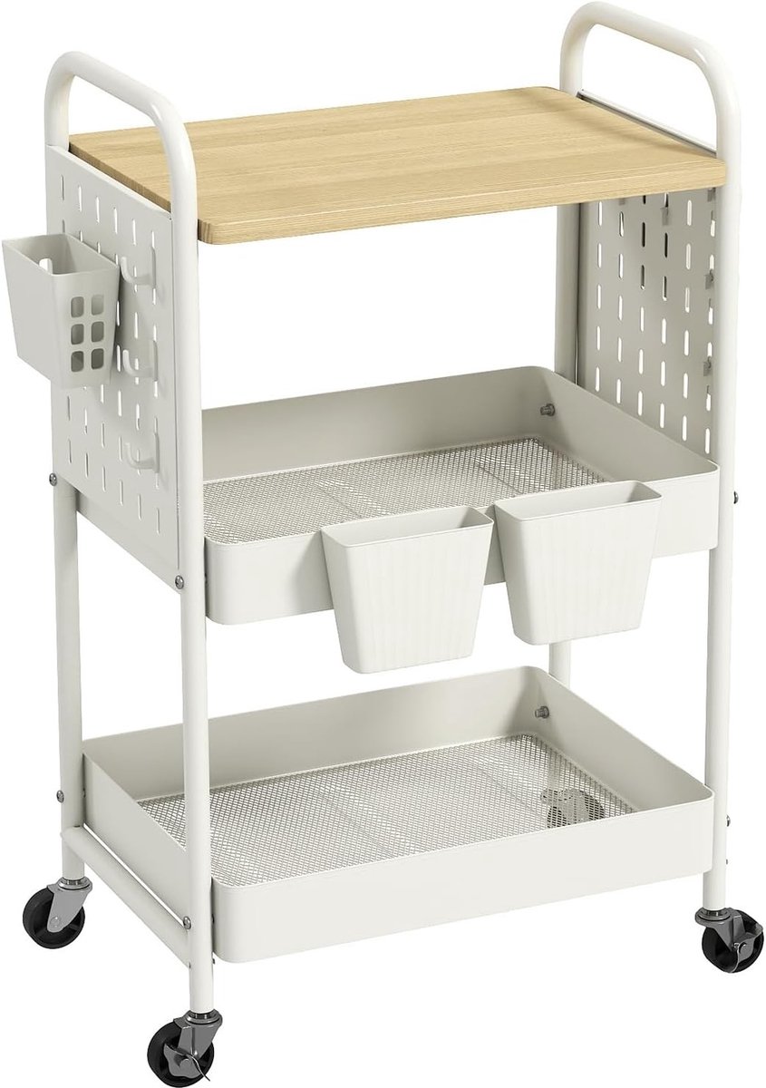 3-laagse metalen trolley met houten plank, serveertrolley, ambachtelijke trolley en keukenwagen met wielen voor keuken, woonkamer en badkamer, inclusief haken en hangbekers