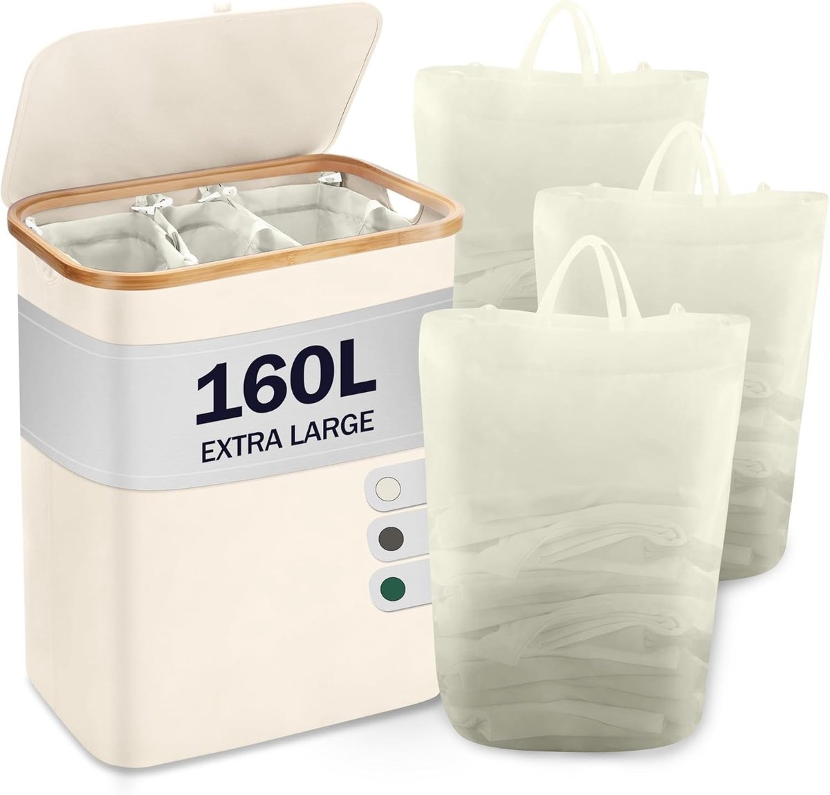 Wasmand met Deksel, 3 Compartimenten, 160 Liter, Vouwbare Wasverzamelaar met 3 Waszakken, Houten Bamboe Design, Ruimtebesparend en Stijlvol