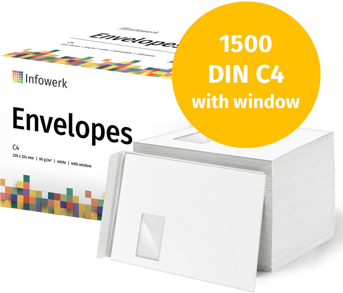 NIEUW: Infowerk Enveloppen met venster, DIN C4, onbedrukt, 1500 stuks