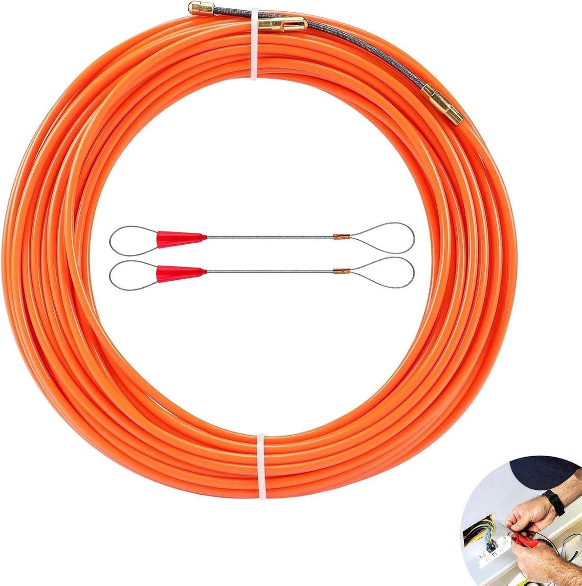 Kabeltrekhulp van 20 m x 4 mm voor het trekken van kabels in lege buizen met 2 geleidingsveren en spiraalvormige terugtrekmechanisme, ideaal voor installatie en onderhoud