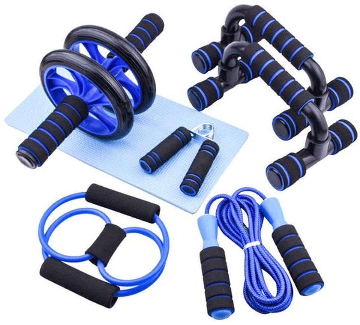 Buikspiertrainers - Ab Roller - 7-in-1 Fitnessapparatuur Combinatie - Sportartikelen voor thuis - Springtouw - Handknijper - Weerstandsbanden - Push Up Grips - Multifunctionele Trainingsset - Blauw