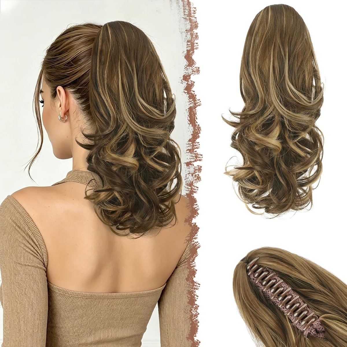 Ponytail Extensions met Claw, 35cm Honingblond Gemengd Lichtbruin Krullend Haarstuk voor Vrouwen, Perfect voor Feestjes en Dagelijks Gebruik