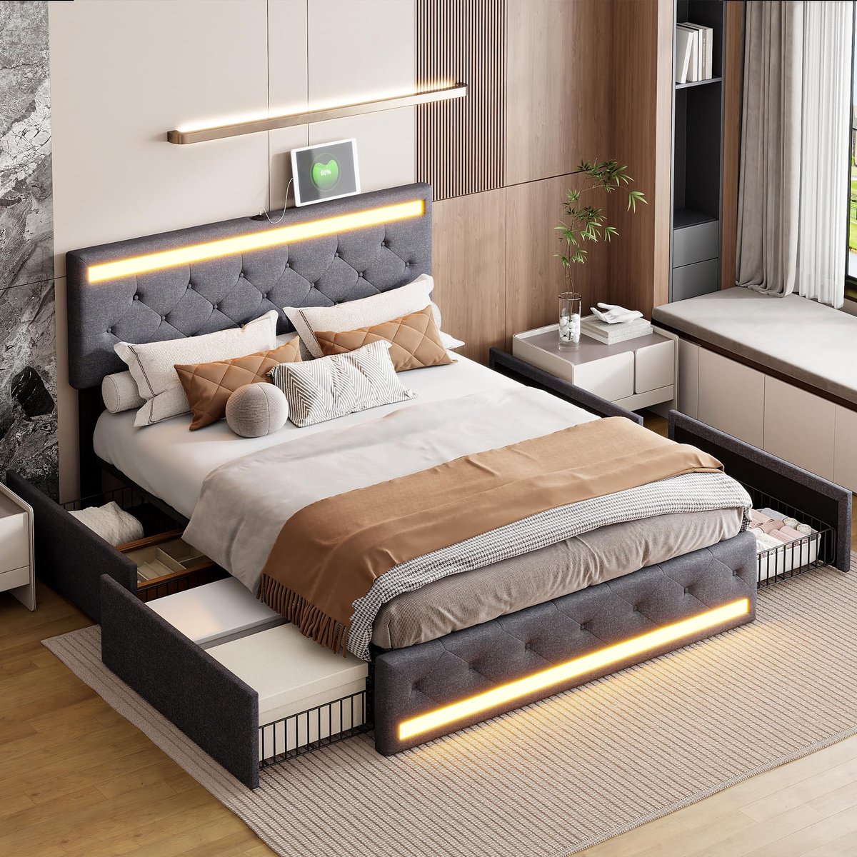 Dubbel Bed met 4 Opberglades en Verstelbaar Hoofdeinde - Grijs