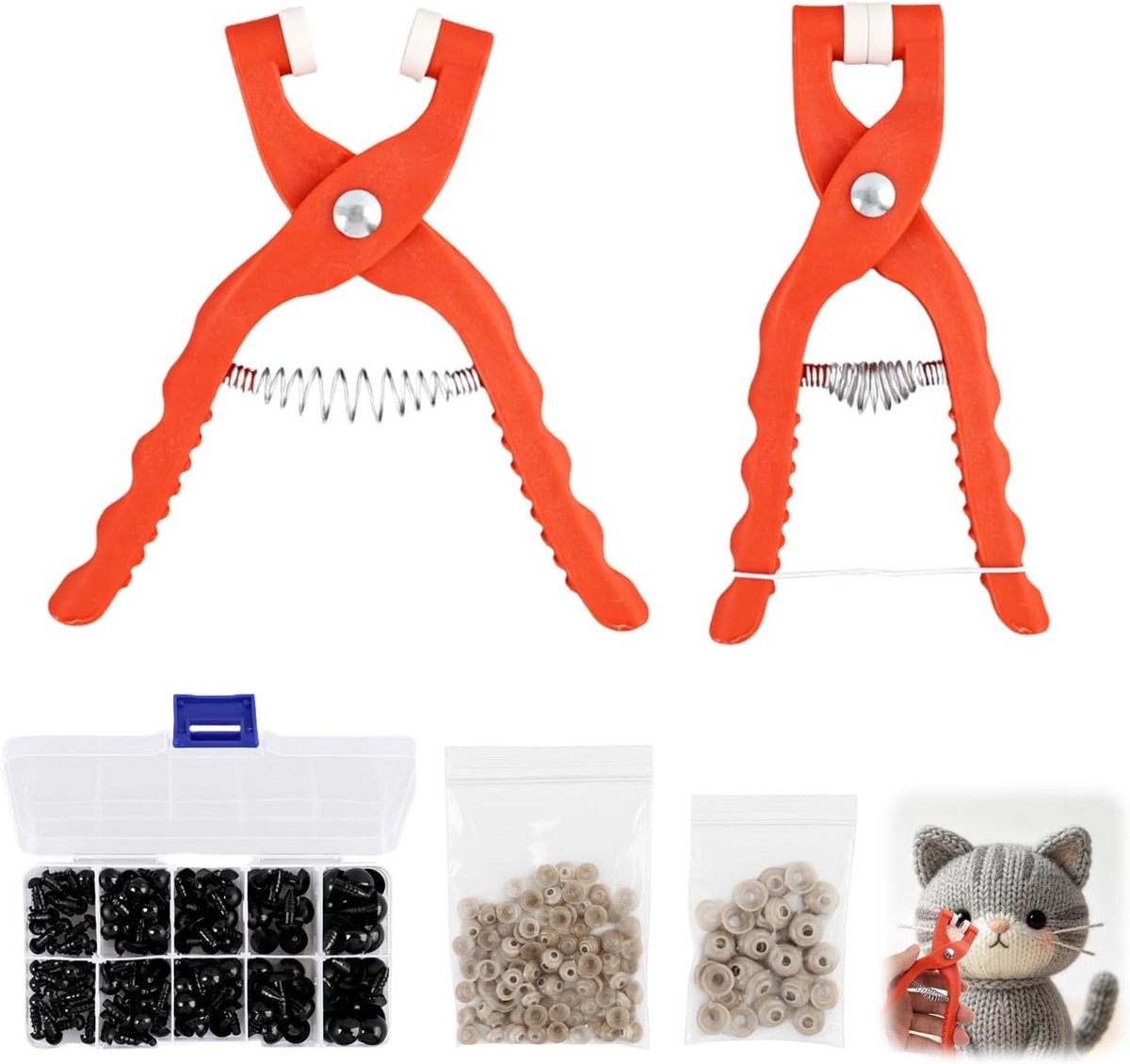 Complete Set van 152 Veiligheidsogen met Gereedschap, 150 Zwarte Ogen, 150 Wasjes en 2 Clips voor Amigurumi Pluche Poppen, 6-12 mm, Creatief Handwerk en DIY Projecten