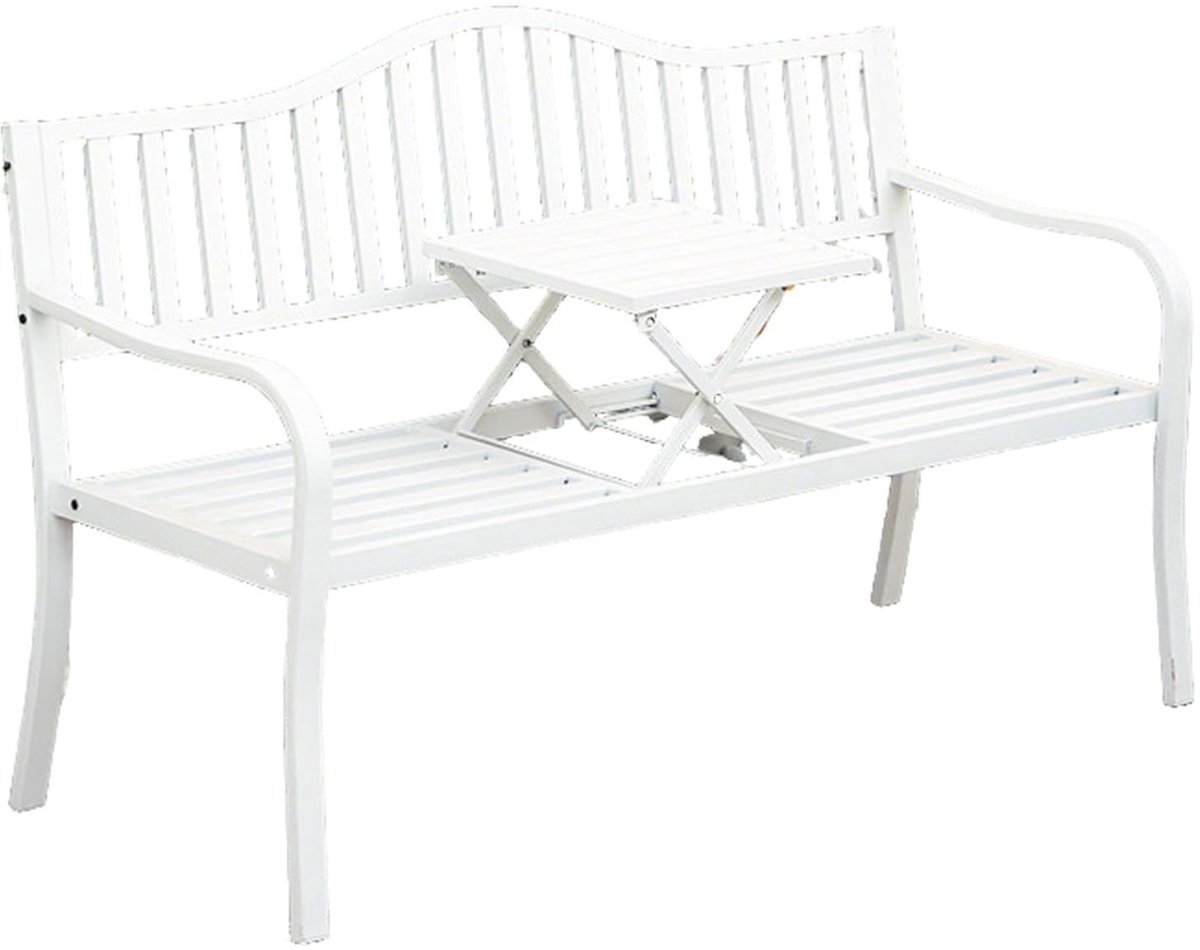 Metalen Buitenbank met ingebouwde tafel - 150 cm - Wit
