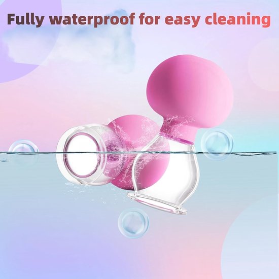 Roze tepelzuigers die in water drijven, met bubbels. Tekst 'Volledig waterdicht voor eenvoudige reiniging'.
