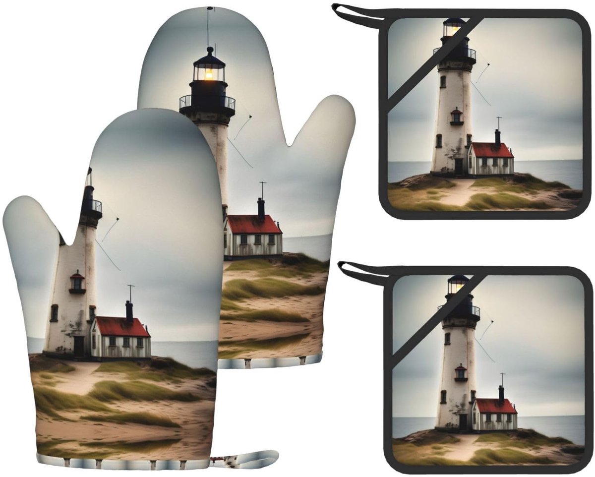 Keukenset met Old Lighthouse-print - Hittebestendige ovenhandschoenen en antislip pannenlappen